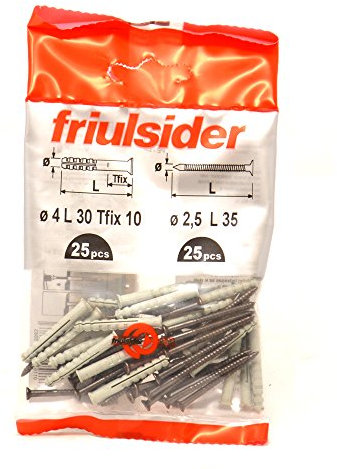 Friulsider x25pz tasselli nylon completi di viti 2.5x35 bricolage fai da te