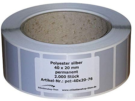 Typenschilder/Polyester Etiketten - 40 x 20 mm - 2.000 Stück - silber - Hülse 76 mm