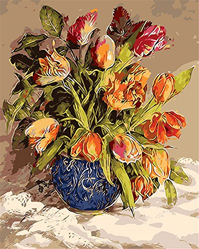 Awesocrafts Malen nach Zahlen-Set, Blumen in Vase, Zahlengemälde für Erwachsene und Kinder, 40 x 50 cm, (Blumen, gerahmt)