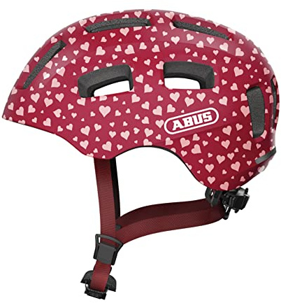 ABUS Fahrradhelm Youn-I 2.0 - mit Licht für Kinder, Jugendliche und junge Erwachsene - für Mädels und Jungs - Rot mit Herz-Muster, Größe M, M (52-57 cm)