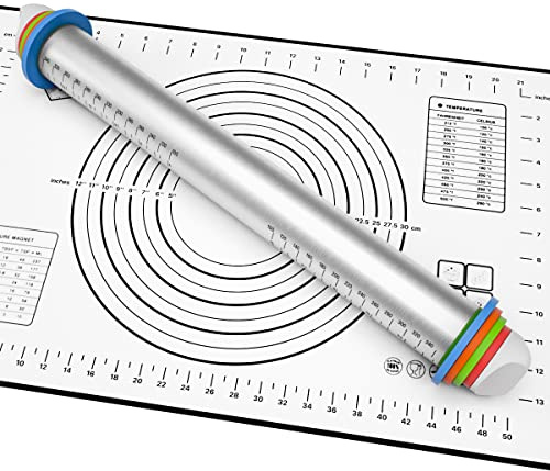 Teigroller Edelstahl 304 mit Backmatte, Dickenverstellbares Nudelholz 2/3/6/10 mm Ringe, Antihaft Backrolle für Pizza Kuchen Kekse Gebäck, Spülmaschinenfest