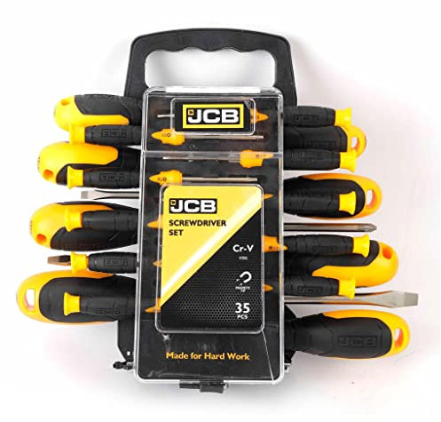 JCB 35pc Screwdriver Set Includes 7pc Screwdrivers, 10pc Precision Screwdriver, 17pc Screwdriver Bits and Magnetic Bit Holder Contained in Storage Frame