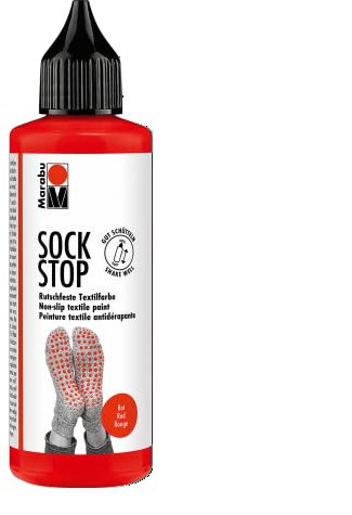 Marabu 17220106232 - Sock Stop, 90 ml, rot, gummiartige Antirutsch-Farbe auf Wasserbasis, für Textilien zum sicheren Halt auf glatten Böden, einfache Anwendung aus der Flasche