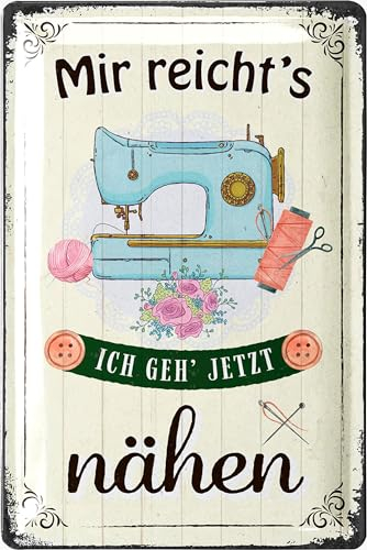 LANOLU Schild Nähen Deko Geschenk für Näherin - Blechschild retro mit Spruch mir reichts ich geh nähen - Nähzimmer Geschenke für Nähbegeisterte und ihre Nähmaschine - vintage Metallschild 20x30cm