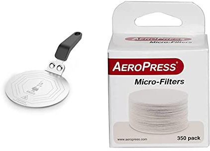 Bialetti DCDESIGN08 Piattello Induzione Per Moka Induction Plate, 25.5 x 13 x 5.5 cm, Steel, 6 Pints, Silver & AeroPress Filter Papers, Pack of 350, White