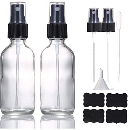 Flacon Spray Verre Vide Transparent de 60 ml,Petit Flacon Vaporisateur de Voyage Réutilisable et Rechargeable pour Huiles Essentielles/Cosmétique avec buse de Pulvérisation Supplémentaire (lot de 2)