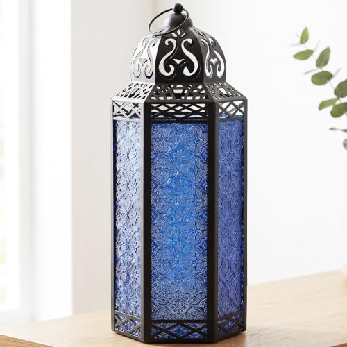 Black Metal Decorative Moroccan Lantern Candle Holder Lamp for Indoor or Outdoor Home Decor, Extra Large, Cobalt