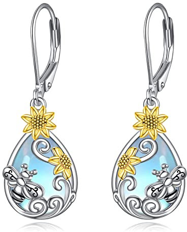 Mondstein Ohrringe 925 Sterling Silber Schmetterling/Libelle/Biene Blume Leverback Baumeln Tropfen Ohrringe Schmuck Geburtstag Geschenke für Damen Mädchen (Biene)