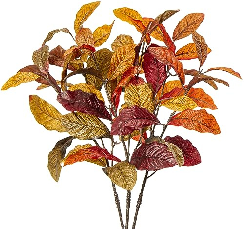 3 Stück Künstliche Dekozweige Herbst, Künstliche Pflanzen Magnolien Blätter, Zweige Herbstlaub Magnolie Kunstpflanzen Herbst Deko für Thanksgiving Deko Halloween Erntedankfest Küche Dekor Tischdeko