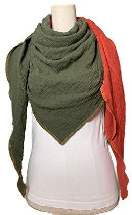Musselintuch Khaki Knoten Rot/Orange goldene Streifen mehrfarbiges Einzelstück Dreieckstuch Halstuch Damen XXL Wickelschal Tuch Stola Handmade Schal einlagig