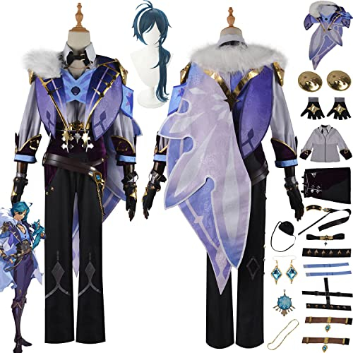 Tjmiaohao Spielfiguren Kaeya Cosplay Kostüm Outfit Genshin Impact Scaramouche Wanderer Blue Uniform Full Set Herren Jungen Halloween Dress Up Anzug mit Ohrringen Augenmaske Perücke (XXXL)