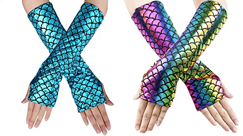 SEAUR Damen Armstulpen Meerjungfrau Handschuhe Fingerlos Fischschuppen Armwärmer Blau Bunt für Cosplay Karneval Party Halloween Performance Kostüm - 2 Paar