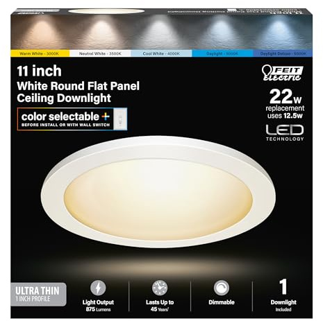 Feit Electric 11-Inch Round LED Flat Panel Ceiling Downlight, Selectable Color Temperature (3000K-6500K), Dimmable, 850 Lumens, Ultra-Slim Low-Profile Design Fixture, 50,000-Hour Lifespan, 74210/6WY