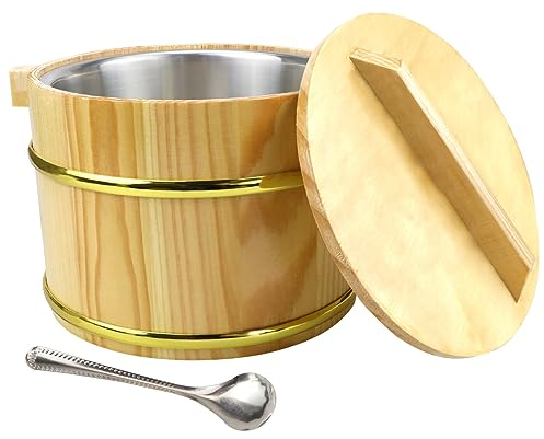 DOERDO Wooden Rice Bow Rice Bucket Rice Barrel Hangiri Mixing Bowl with Lid for Home Restaurant, 20CM