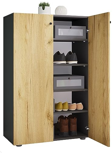VCM Holz-Schuhschrank, Maße: H. 110 x B. 70 x T. 39 cm, Allzweckschrank, 5 Fächer, 2 Drehtüren– Lona
