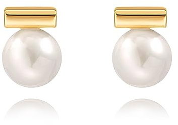PERNNLA PEARL Dainty 18K Gold Plated Bar Stud Earrings for Women Trendy Cute White Pearl Earring Simple Birthstone Post Earrings