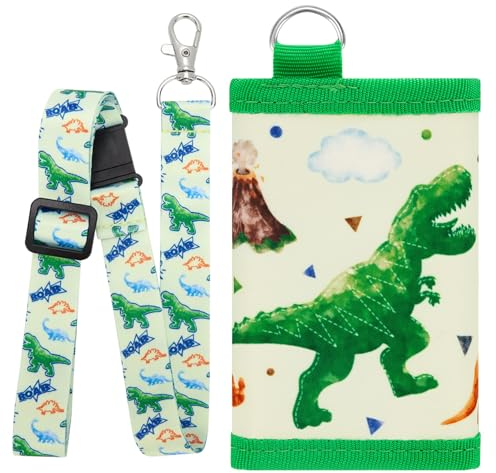 WAWSAM Portefeuille pour Enfants - Dinosaure Porte Monnaie pour Garçons Trifold avec Lanière Pochette pour Pièces de Monnaie Fermeture éclair Porte-Cartes Portefeuille