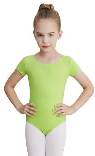 WEGETIT Gymnastikanzug für Mädchen, Ballett, Tanz, Kleinkind, Gymnastikanzug, kurzärmelig, neon green, 6-8 Jahre
