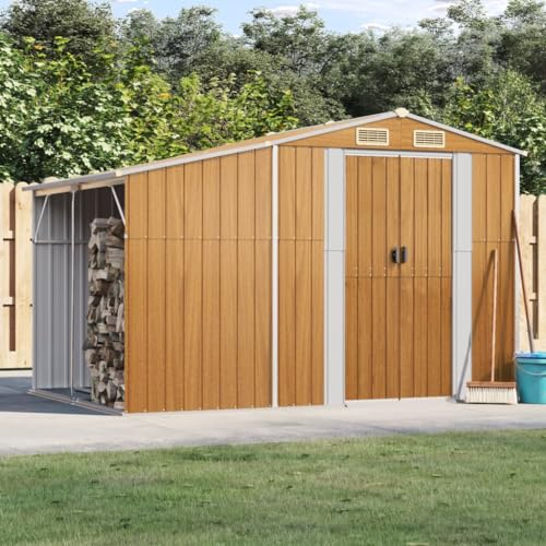 Hovothy Gartenhaus 277x192,5x179 cm Gartenschrank Wetterfest Geräteschuppen Gartenhaus Metall Fahrradgarage Carport Metallschrank Outdoor Hellbraun