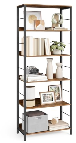VASAGLE 6-Tier Bookcase, Book Shelf, Bookshelf, 30 x 60 x 178 cm, Shelving Unit, with Back Panels, Industrial, for Living Room, Study, Home Office, Rustic Brown and Ink Black LLS118B01