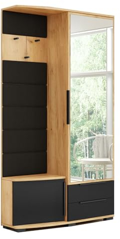 BM-Möbel Garderobe Cleo Rechts mit Sitzgelegenheit, Kleiderständer und Spiegel - Loft-Stil - 100x35x190 cm - Korpus in Craft Gold, Fronten in Schwarz/Craft Gold, Gepolsterte Paneele