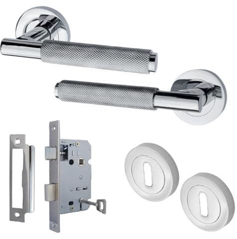 Betley Butterfly Knurled Turning Door Handles Key Locking Set Polished Chrome Lever on Rose Latch Handle Pack for Internal Wooden Doors for Home and Office Luxe