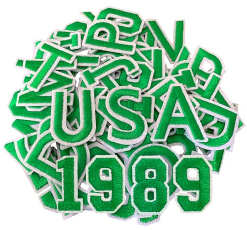 CXWLJL 72Pcs 1.5 Inch Iron on Letter Patches, Numbers 0-9, Letters A-Z Embroidered Applique Patches for Clothes, Skirts, Hats, Socks and Other Apparel DIY Accessories - Green