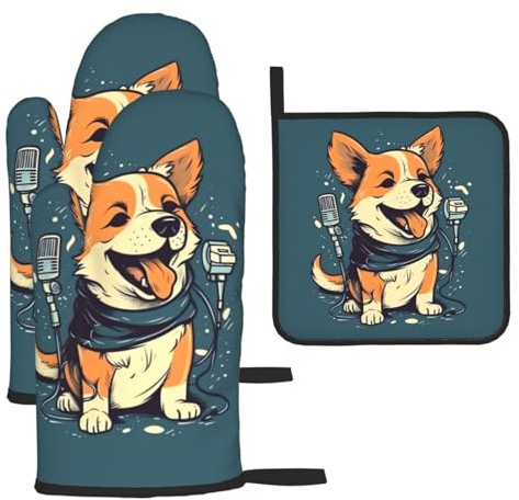 Lot de 3 maniques et maniques en forme de chien mignon qui chante - Résistants à la chaleur - Antidérapants - Gants de cuisine et tapis pour la cuisson, le grill, le barbecue