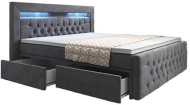 Boxspringbett Menzogna 180x200 Doppelbett Polsterbett Bett mit LED-Beleuchtung und Stauraum | Bezug: Samt | Farbe: Grau | Härtegrad: H4 (100kg+)