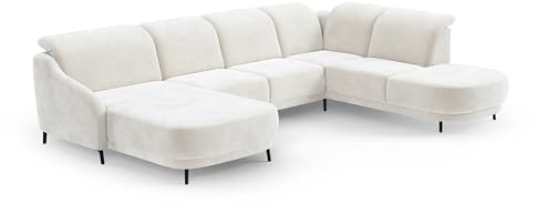 CAVADORE Wohnlandschaft Blue, Sofalandschaft mit Longchair im modernen Design, inkl. kopfteilverstellung, Vorziehsitz motorisch, Klapptisch, mattschwarzen Metallfüßen, Flachgewebe, Naturweiß