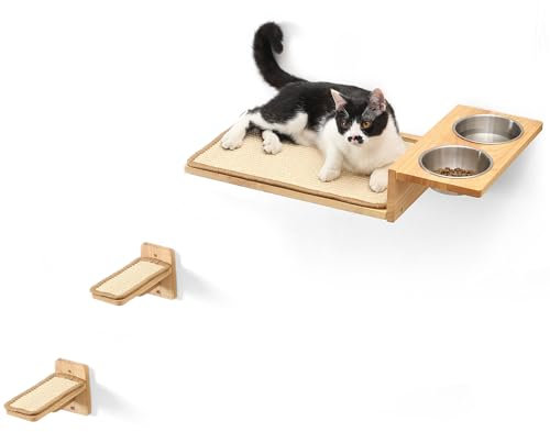 FUKUMARU Set de Pared para Escalar para Gatos, 2 escaleras para Gatos de Madera Maciza de Goma, Pared para Gatos con estación de Comida de Acero Inoxidable, Ideal para Jugar, Dormir y Comer.