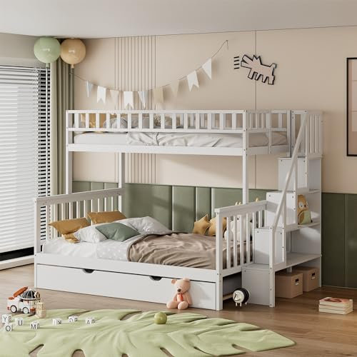 Solid Wood Triple Bunk Bed with Storage Shelves Stairs and Trundle White 90x190cm/135x190cm No Mattress
