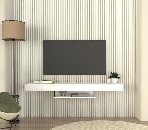 DORPEK Mellus Tv Stand White, Wall Mounted Tv Unit with Open Shelf, Floating Media Stand with Open Storage Shelf, Entertainment Unit for Living Room, Bedroom and Dining Room