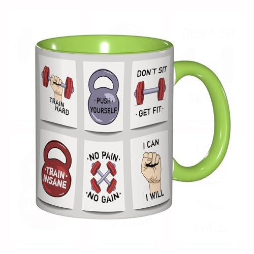 EKLMPS Becher aus Keramik, Ideal als Geschenk, Hochwertiger Aufdruck, Tasse mit Motiv, Tee Becher, Coffee Cup, 330ml,Satz moderner Fitness-Vorlagen mit Hanteln, Gewichten und motivierenden Sätzen. Tre
