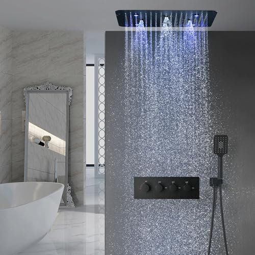 Duschsystem,Multifunktional Unterputz Duscharmatur,Duschsystem Mit Thermostat, Mit LED-Farblichter,500×500mm Kopfbrause,Handbrause Duscharmatur Komplettset,Schwarz Duschsystem