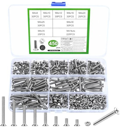 Set di 450 bulloni M4, set di bulloni e dadi a testa svasata, set di viti a testa piatta, dadi e bulloni, in acciaio inossidabile, viti a testa incrociata in acciaio inox, kit assortito di bulloni e