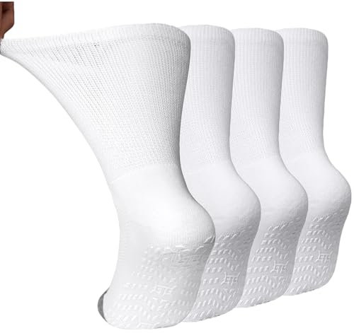 LOFIR Chaussettes Diabétiques Antidérapantes pour Homme: Chaussettes sans Élastique sans Coutures Femme en Coton Extra Large pour Pieds Enflés Blanc 47-50 4 Paires