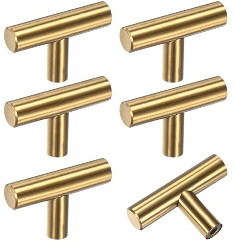 M METERXITY 6Pack Cabinet Pulls Knobs, 2 Single Hole Handles Gold | Modern Stainless Steel t Bar Knobs Handles for Dresser,Drawers/Office,Decorative/Kitchen,Bathroom Door