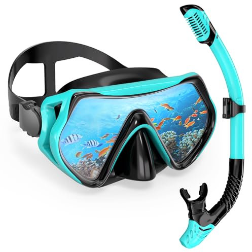 Maschera Snorkeling Panoramica 180°, Set per Snorkeling con Maschera e Boccaglio Snorkeling, Maschera Subacquea Adulti Anti-Nebbia & Anti-Perdite, Maschera Sub Regolabil per Donne e Uomo
