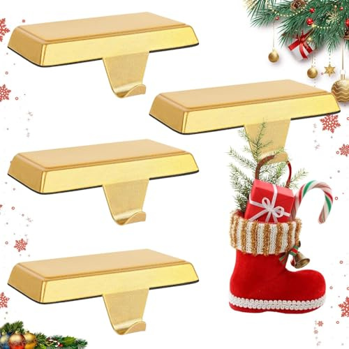LATERN 4 Stück Weihnachtsstrumpfhalter, Gold Metall Weihnachtsstrumpfaufhänger Rutschfest Geschenkhaken für Weihnachten Kamin Kaminsims Fenster Zuhause Weihnachts Ornamente Party Dekoration