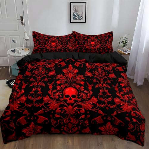 Bettwäsche 155 x 220 cm - Wendebettwäsche Bedding Gothic Mysteriös Totenkopf Schwarz Muster mit Reißverschluss Bettwäsche, 100% Mikrofaser Weich und Bügelfrei