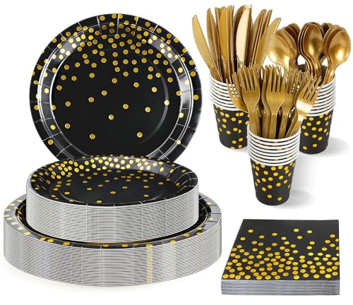 Lot de 168 Assiettes de Fête Noir et Or | Service de Vaisselle en Carton pour Fête avec Gobelets, Serviettes et Couverts | Pour Anniversaire, Mariage, Party, Camping | 24 Invités
