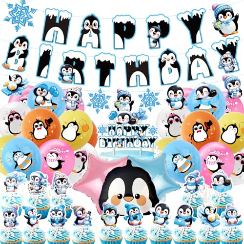 40 Stück Pinguin Geburtstag Party Dekoration, Pinguin Tier Thema, Cupcake Stecker, Aluminiumfolie Ballon, Flagge Ziehen Set, Kindergeburtstag Dekoration, Tierliebhaber Party Dekoration
