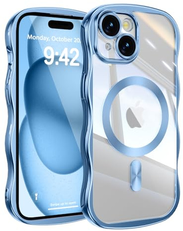 UEEBAI for iPhone 13/14 Case, Cute Wave Translucent Frame Magnetic Phone Case Compatible with Magsafe Full Camera Protection Cover Soft Electroplated Phone Cover for Women Girls - Blue