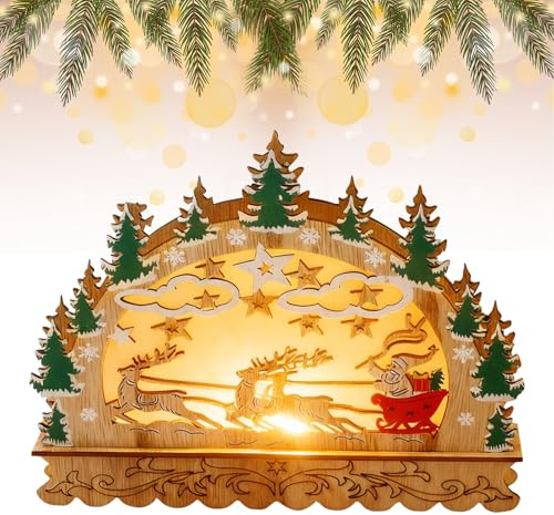 LED Schwibbogen Weihnachten, LED Lichterbogen Weihnachten Weihnachtsdorf mit Beleuchtung Weihnachtshäuser Weihnachtsdeko Holz Beleuchtet Weihnachtsstadt Christmas Village Batteriebetrieben (A)