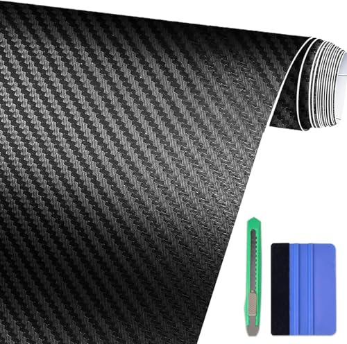 Foneso Carbon Folie, 3D Schwarz mit Werkzeug,150 X 30cm | Selbstklebend Autofolie aus Vinyl,Auto Schutz Carbon Folie