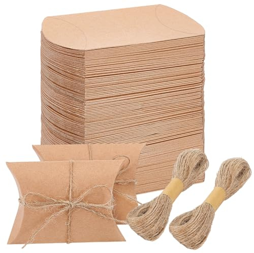 BENECREAT 100 Sets Kraft Paper Pillow Box, 7.2x6.5x2.5cm/2.8x2.6x1 Inch Brown Pillow Favor Box with Jute Twine and Mailer Boxes for Wedding Favors Birthday Party