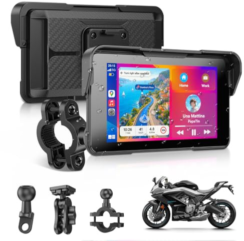ESSGOO 5 Zoll Motorrad Carplay Display,Kabelloses Motorrad Navigationsgerät | mit Apple CarPlay & Android Auto,IP67 Wasserdicht,Dual Bluetooth 5.3,GPS Navigation,Sprachassistent,Acc Stromversorgung