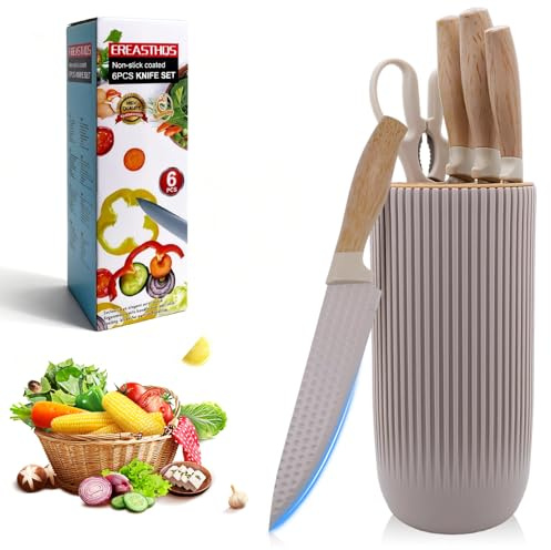 Kezidhp Messer Set 6-Teilig, Antihaft Edelstahl, Universal-Messerblock | 3CR13-Edelstahl, Antihaftbeschichtung mit Sternstruktur. PP-Griff, für Zuhause, Restaurant, Picknick