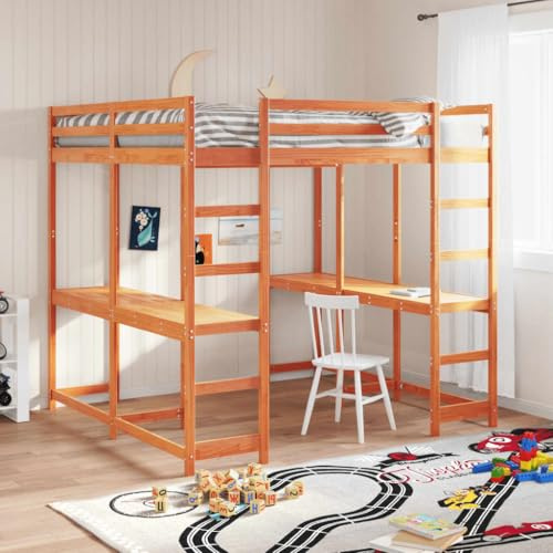 mzdioop Bunk Bed with Desk and Ladder Made of Solid Pine Wood in Wax Brown 160 x 200 cm with Fall Protection and Spacious Workplace for Children's Rooms and Bedrooms